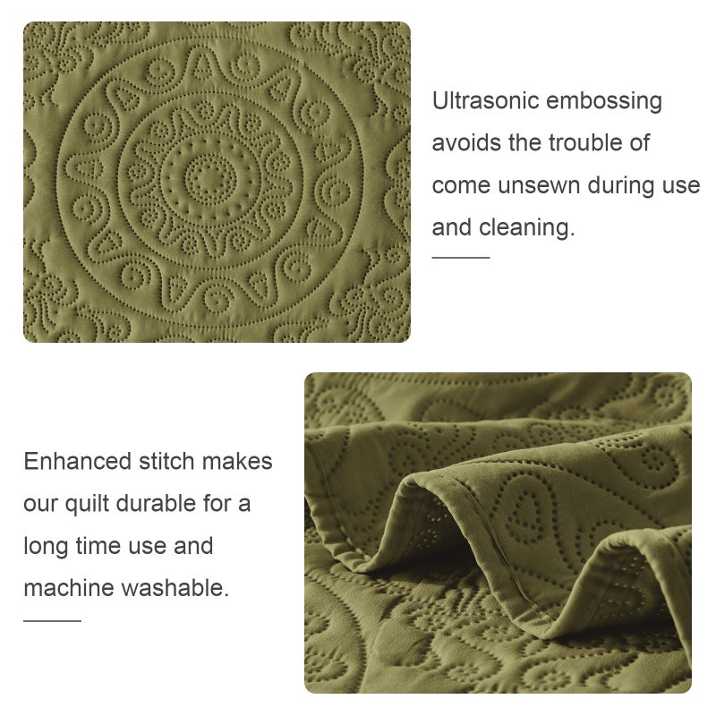 WURUIBO Olive Green Quilt Set King/Cal King Size  Embossing Microfiber Bedspreads with Pillow Sham  Ligthweight Breathable Thin Coverlet  Reversible Bedding Set for All Season (1 Quilt 2 Pillow Shams) - Image 5